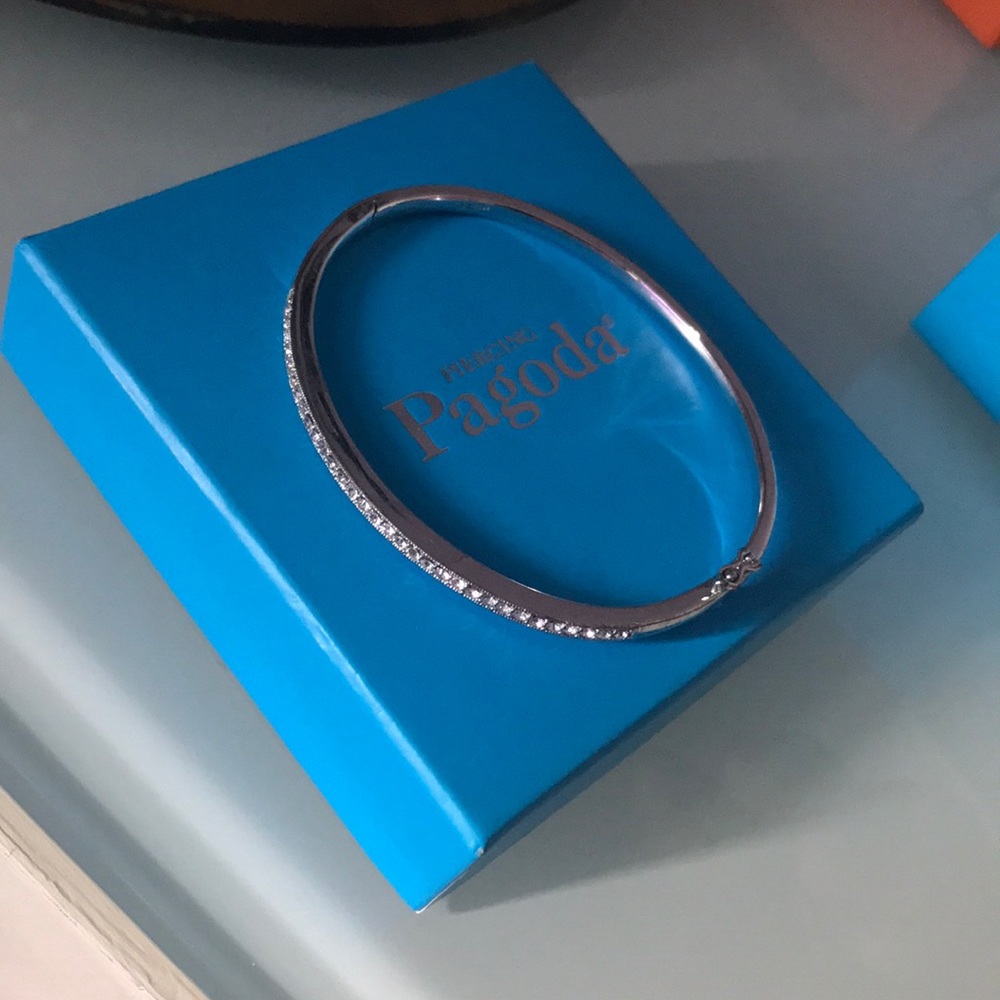 Pagoda Cubic Zirconia Bangle in Sterling Silver - 7.5"